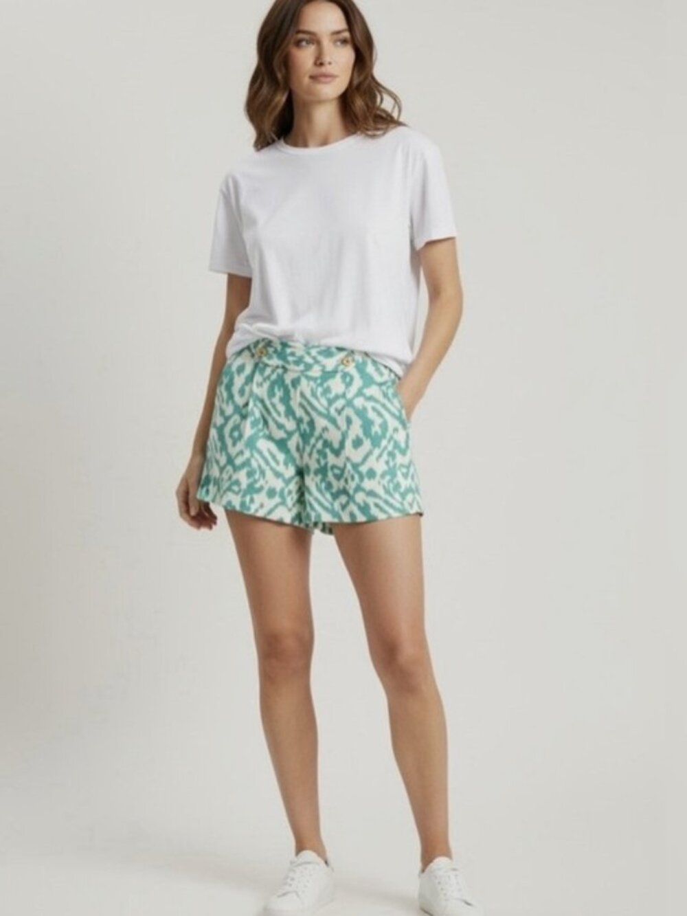 Ann Taylor Loft Shorts Green White Geometric Pattern Linen Cotton 6